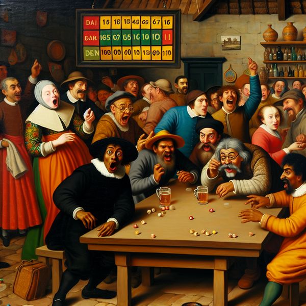 Drukke herberg met spelers en een nul-score Een levendig tafereel in een drukke herberg met mensen die een spel spelen. Een speler toont teleurstelling terwijl zijn score op nul staat.