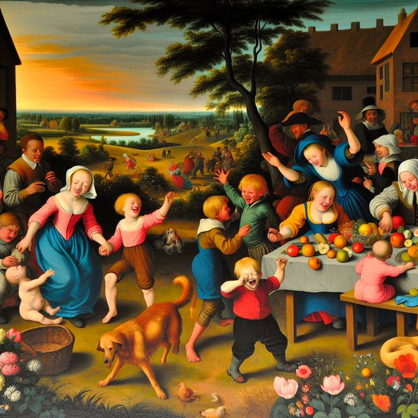 Een drukke en levendige huiselijke scène met kinderen die buiten spelen, een blije familie-interactie, een speelse hond en een tafel met een appel, wat symbool staat voor het bepaalde lidwoord in het Nederlands.