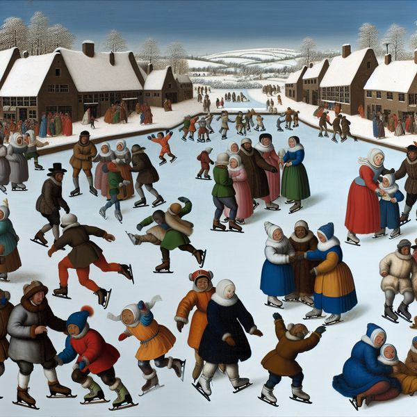 Lively winter scene of a busy ice skating rink with children skating and adults discussing nuances of ice skating safety