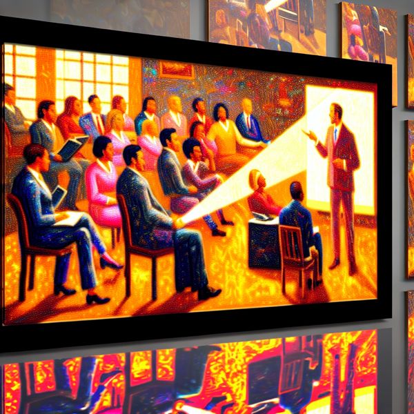 Een levendige kantooromgeving met een projector die visuals op een scherm projecteert terwijl collega's naar een presentatie kijken.