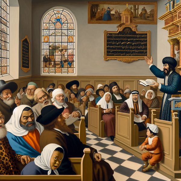 Levendige Kerkinterieur Met Diverse Kerkgangers Een levendige en humoristische weergave van een kerkinterieur met een diverse groep kerkgangers, waaronder discussiërende ouderen, aandachtige kinderen en een charismatische predikant.