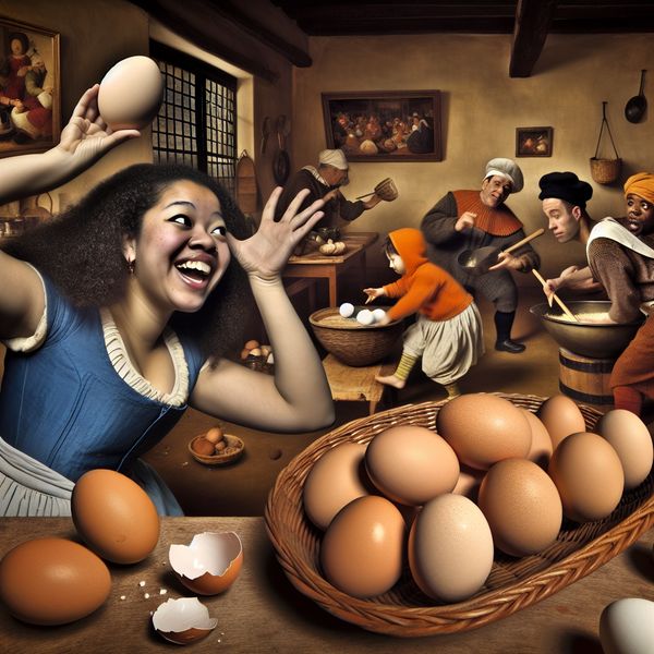 Levendige keuken met ovale eieren in de stijl van Jan Steen Een levendige keuken met een vrouw die een perfect ovaal ei vasthoudt, omringd door andere eieren in een rustieke mand.