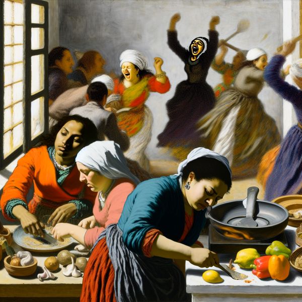 Vrolijke kookles in een drukke keuken Groep mensen in een keuken die samen koken en dansen, met een vrouw die aandachtig naar een kookdemonstratie kijkt.