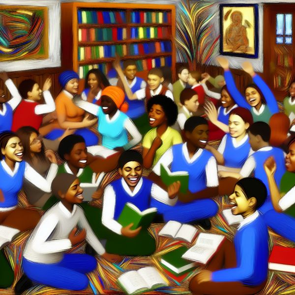 Een levendige klaslokaal met een diverse groep studenten die enthousiast een boek bespreken.