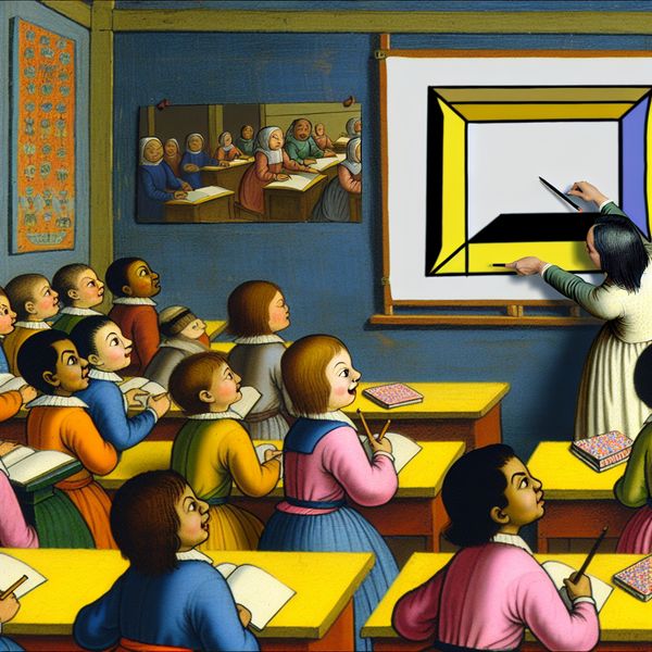Leerlingen Betrokken bij Geometrie met Rechthoek Een actieve klaslokaal scène met studenten die betrokken zijn bij het leren over geometrie, met een grote banner van een rechthoek.