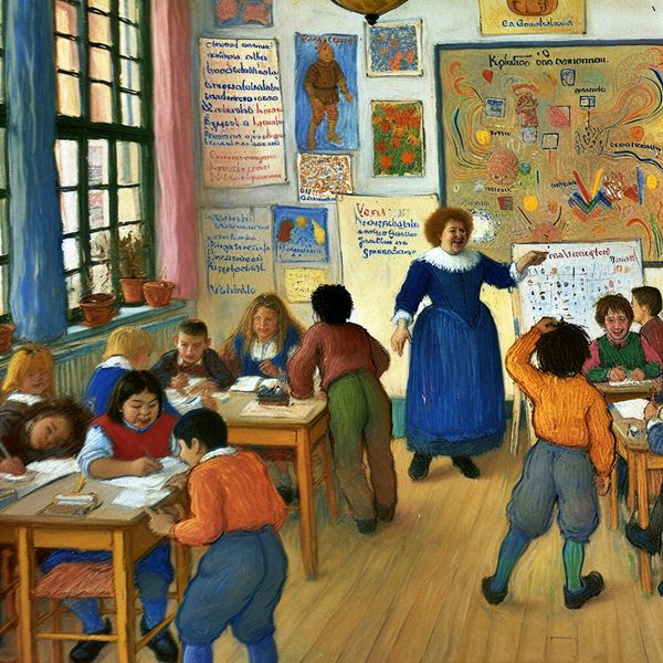 Levendige klaslokaal interactie tijdens toets Een levendige klaslokaalscène met diverse studenten die interactie hebben met een groot bord dat verschillende onderwerpen zoals geschiedenis, wiskunde en wetenschap weergeeft.