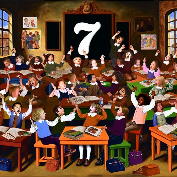 Levendige Klaslokaal Scène met Kinderen Een levendige klaslokaalscène met jonge kinderen van ongeveer zeven jaar, bezig met leren en interactie.