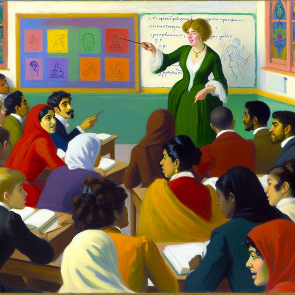 Levendige lesomgeving met enthousiaste leraar en betrokken studenten Een levendig klaslokaal met een enthousiaste leraar die instructies geeft aan betrokken studenten.