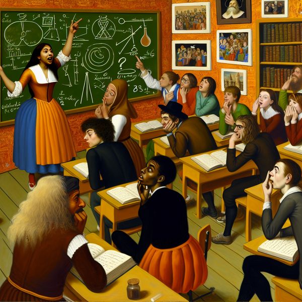 Een levendig klaslokaal waarin een leraar levendig lesgeeft aan een diverse groep studenten die zowel verward als nieuwsgierig kijken.
