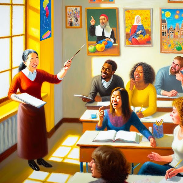 Levendige klaslokaal met volwassen leerders in actie Een levendige leszaal met volwassen leerlingen die actief deelnemen aan een cursus. Een docent staat voor een whiteboard en legt concepten uit terwijl anderen aantekeningen maken en ideeën delen.
