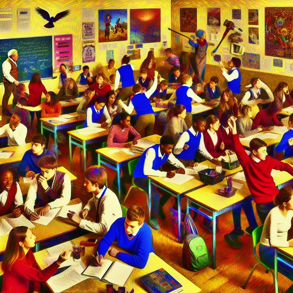 Levende klaslokaal met zachte leeromgeving en teamwork Drukke klas met actieve studenten en een leraar die teamwork en samenwerking bevorderen.