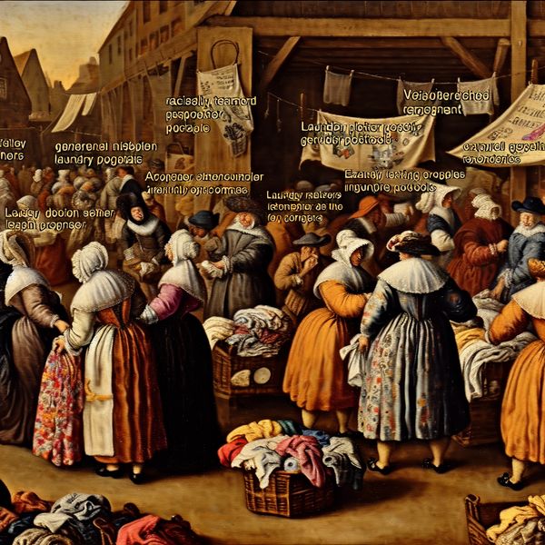 Kledinglabels met Wasinstructies in een Drukke Markt Een levendig marktscène met diverse kledingstukken en kleurrijke labels met wasinstructies, shoppers die de kleding bekijken met interesse.