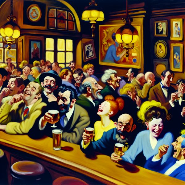 Levendige kroegscène met vrienden en drankjes Druk bar scène met levendige gasten die genieten van hun drankjes aan een houten bar.