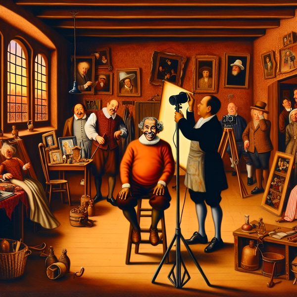 Een artistieke studio met een man die poseert voor een paspoortfoto, omringd door kleurrijke details.