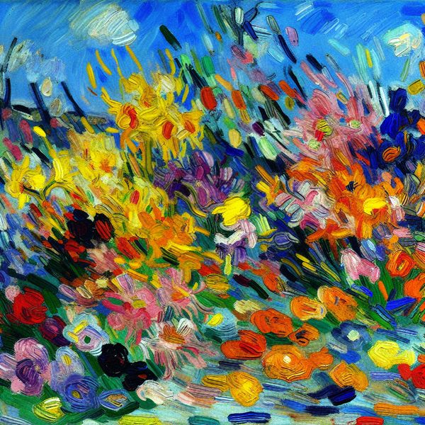 Een levendige en chaotische lente tuin vol met kleurrijke bloemen in abstracte stijl.