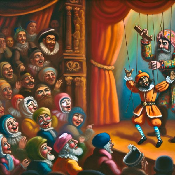 Een puppeteer die een kleurrijke marionette bestuurt op een levendig theaterpodium met een blije publik