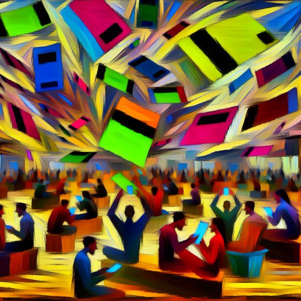 Vibrante Markt met Coupons in Abstracte Stijl Abstracte afbeelding van een levendige markt met kleurrijke coupons die in de lucht zweven, terwijl shoppers enthousiast hun online aankopen doen met hun telefoons.