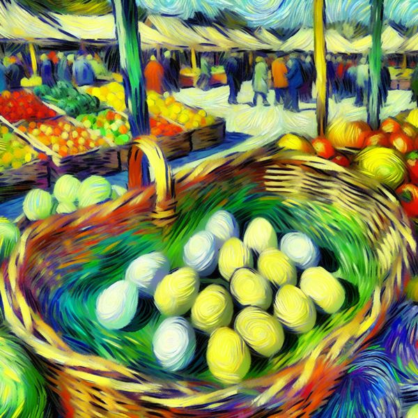 Vibrante Markt met Een Dozijn Eieren in Van Gogh Stijl Vibrante schilderij van een markt met een mand vol met een dozijn eieren, omringd door kleurrijke groenten en fruit