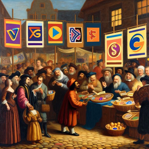 Levendige Markt met Logo's: Branding in Actie Een levendige markt met verschillende verkopers die kleurrijke logo's tonen, met een bijzondere focus op één verkoper met een nieuw ontworpen logo.