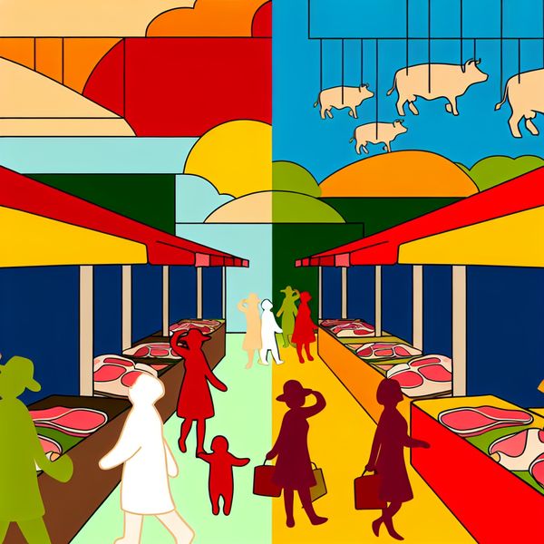 Minimalistische en levendige scene van een zonnige markt met vers gesneden vlees dat wordt tentoongesteld op kleurrijke kraampjes, met vrolijke dieren op de achtergrond.