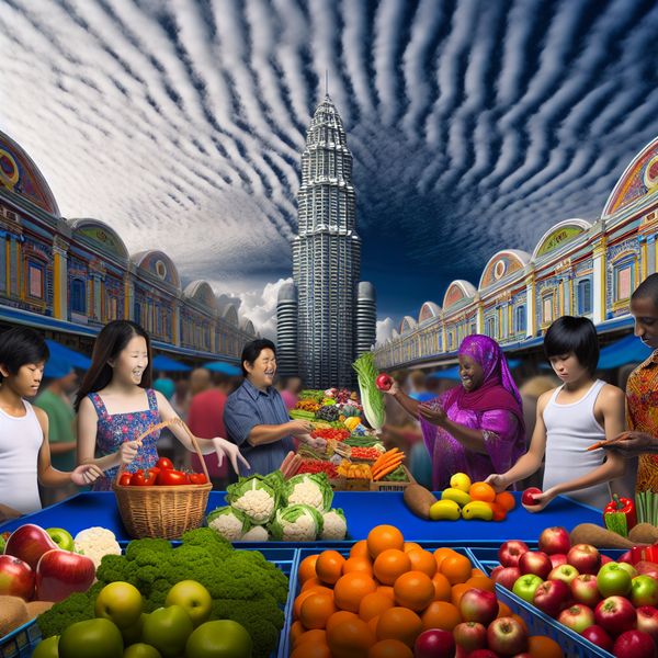 Vibrante markt met diverse mensen die verse producten selecteren, geïnspireerd door Carel Willink