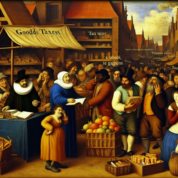 Drukke markt met mensen bezig met belastingzaken, waaronder een gefrustreerde winkelier en een vriendelijke belastingambtenaar.