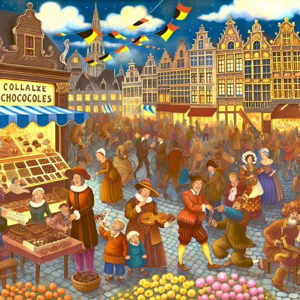 Diverse toeristische marktscène in België Een levendige marktscène in België met toeristen, historische gebouwen en straatartiesten.