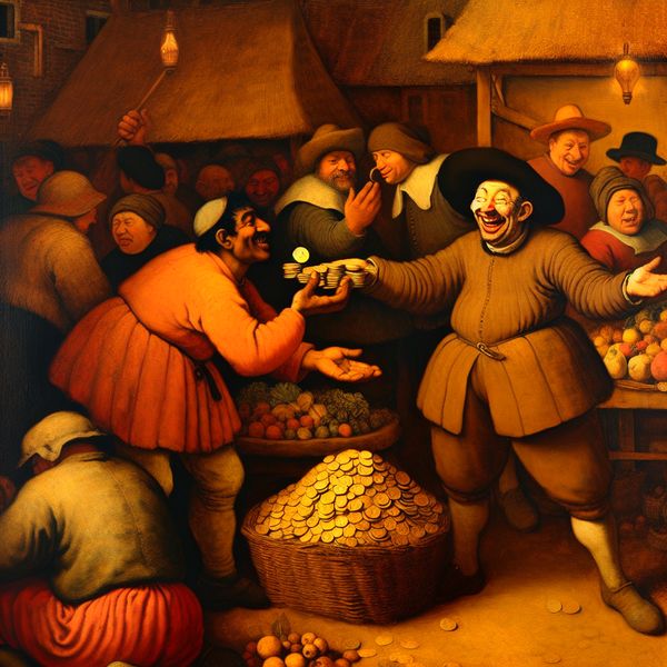 Marktscene met betaling van schulden voor taal leren Een man betaalt zijn schulden aan een vrolijke marktkoopman in een drukke markt.