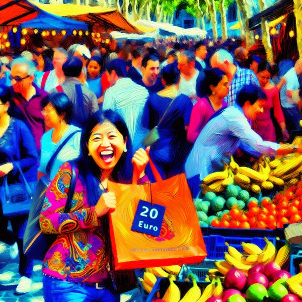 Een drukke marktscène met shoppers en kleurrijke marktkramen, waarbij een blije klant een oranje tas vasthoudt met een prijslabel van 20 euro.
