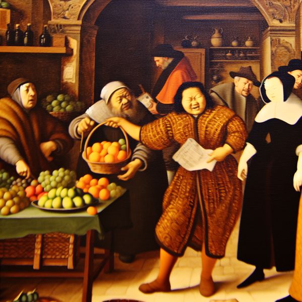 Levendige marktscène met consumenten en hun rechten Een levendig marktscène met een vrouw die fruit verhandelt en mensen die in gesprek zijn over juridische documenten.