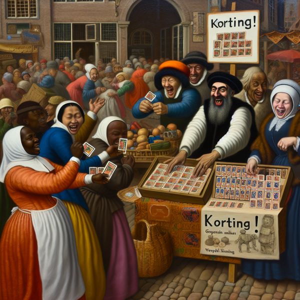 Een levendige marktscene met een vrolijke winkelier die kortingzegels uitdeelt aan blije klanten, met een kleurrijke winkel op de achtergrond en een banner die 'Korting!' aankondigt.