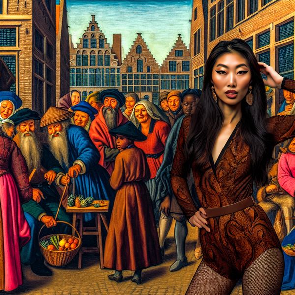 Drukke marktscène met aantrekkelijk model Een levendige marktscène met een model dat zelfverzekerd poseert in het midden, omringd door mensen met verschillende gezichten en uitdrukkingen.