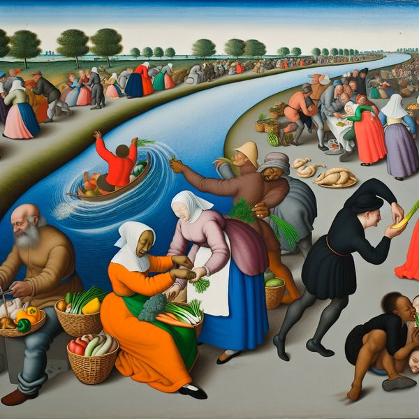 Lively Market Scene with Fresh Produce and Constant River Een levendige marktscène met een vriendelijke koopman die verse producten presenteert en klanten die zich verzamelen, met een rustige rivier op de achtergrond.