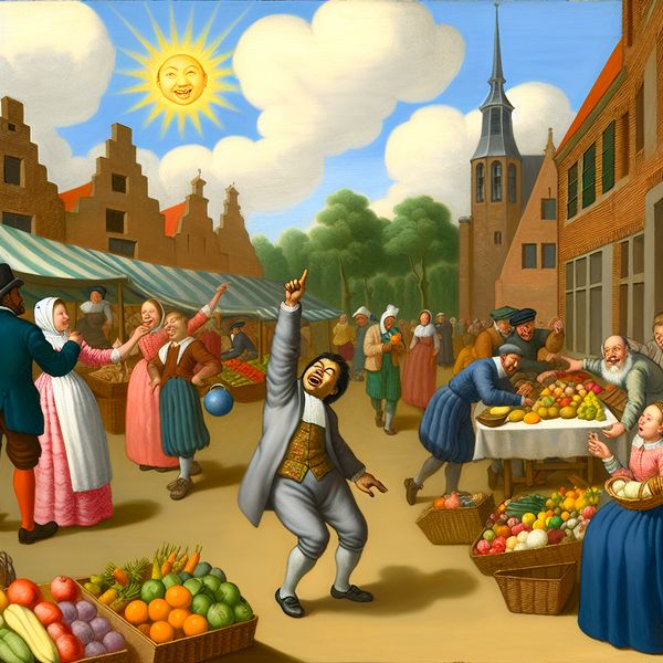 Levendige marktscene met humor en gemeenschap Een levendige marktscene met kinderen die met een bal spelen en verkopers die kleurrijke groenten en fruit aanbieden, met een personage dat enthousiast naar de lucht wijst.
