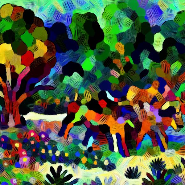 Abstracte weergave van een levendig natuurgebied ten westen van een rivier, met kleurrijke flora en fauna.