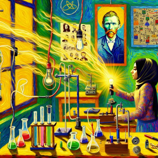 Levendige Natuurkunde Les met Wetenschappelijke Experimenten Een student die met passie een natuurkunde-experiment uitvoert met elektrische circuits en een gloeilamp, omgeven door wetenschappelijke apparatuur in een levendig klaslokaal.