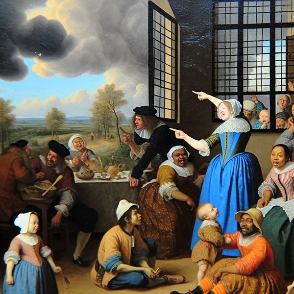 Familiedynamiek in een levendige Nederlandse setting Een vrouw wijst zelfverzekerd naar de lucht in een drukke, levendige Nederlandse familietafelsetting.