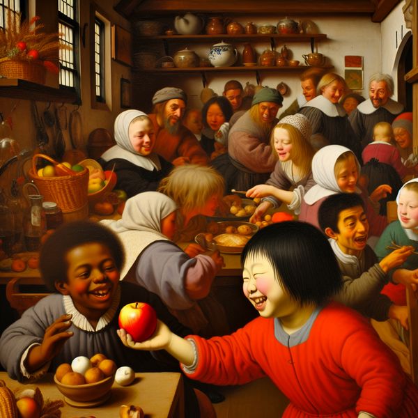 Lively Dutch Kitchen Scene with Children Een kind biedt een glanzende rode appel aan zijn vriend in een drukke Nederlandse keuken, vol met kinderen en voedsel.