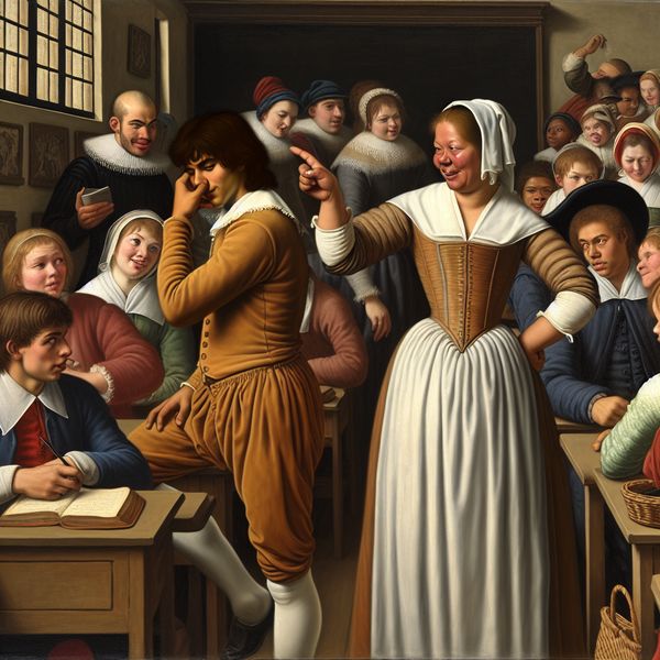 Lively Dutch classroom with a young man flattering a stern teacher while other students engage in various activities