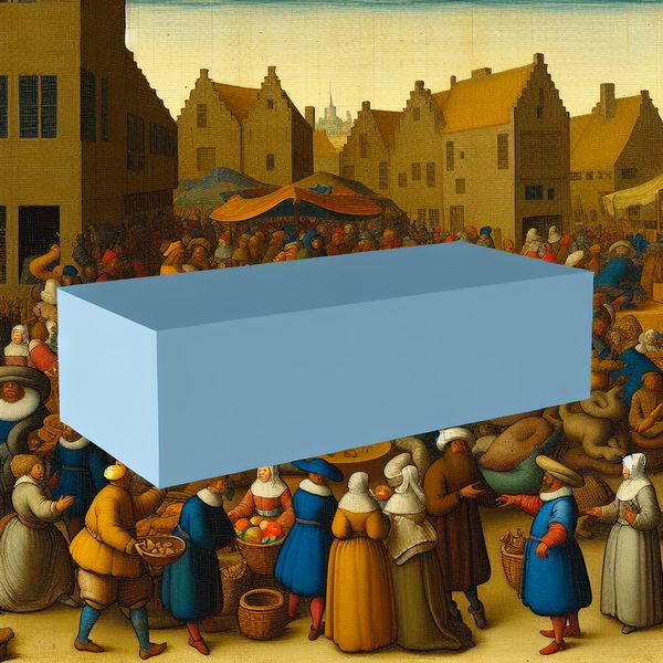 Levende Nederlandse Markt Scene met Rechthoek Illustratie van een levendige Nederlandse markt met een grote rechthoek in het midden, omgeven door verkopers en klanten die hun goederen aanbieden.