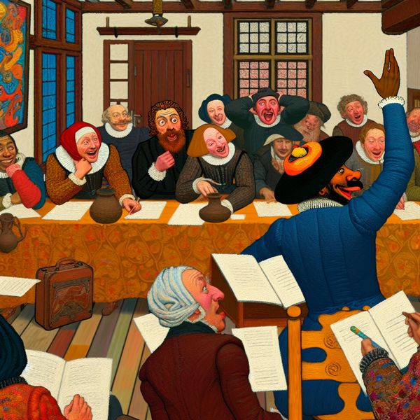 Vrolijke traditionele Nederlandse vergadering met creatieve ideeën Een levendige vergaderomgeving waar een persoon enthousiast zijn hand opsteekt om een idee te presenteren aan collega's aan een houten tafel.