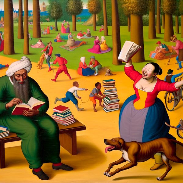 Een levendige scène in een park met een persoon die op een bank zit en een boek leest, naast een ander persoon die een hond uitlaat, met kinderen die spelen op de achtergrond.