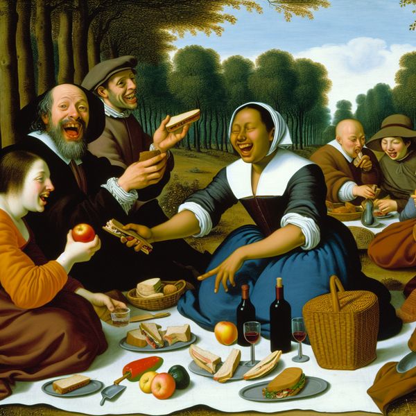 Een levendige picknick in een park met een diverse groep mensen die samen een maaltijd delen, omringd door natuur.