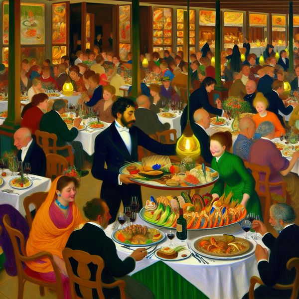 Elegant gepresenteerde maaltijd in een levendig restaurant Een levendige restaurantscene met een prachtig gepresenteerde maaltijd en een attente ober.