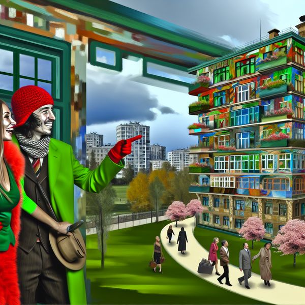 Dynamische straatscène voor een modern appartementengebouw Een levendige straat scène met een vrouw die haar nieuwe flat bewondert voor een kleurrijk appartementengebouw in de stad.