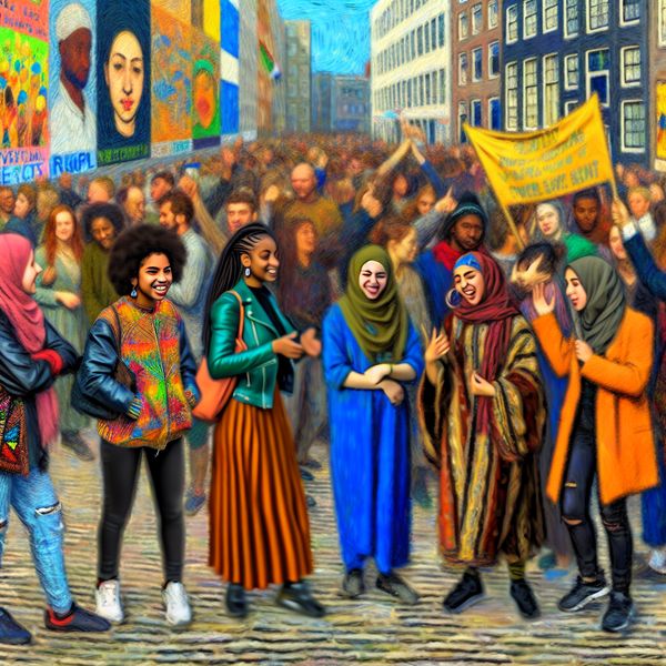 Vibrante straatscène met diverse groep mensen die gepassioneerd over sociale rechtvaardigheid en gelijkheid discussiëren, met kleurrijke banners.