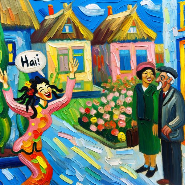 Levende straatscène met een informele groet geïnspireerd door Van Gogh Een kleurrijke straatscène met een vrolijke persoon die zijn buren begroet