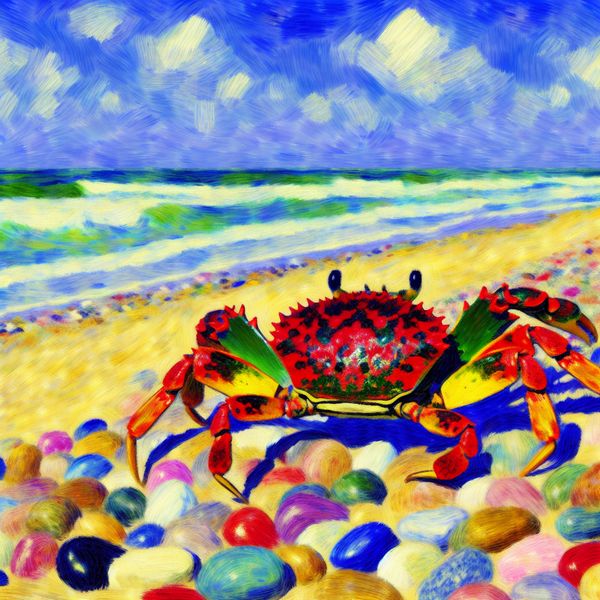 Vivid Beach Scene with Crab and Beach Stones Een grote krab die over kleurrijke strandstenen kruipt, met een helderblauwe lucht op de achtergrond.