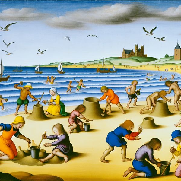 Een levendige strandscène met kinderen die spelen in het zand bij de zee, geïnspireerd door Hendrick Avercamp.