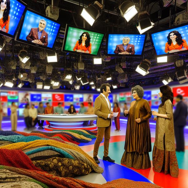 Lively Television Studio Setting with Presenters and Advertisements Een levendige televisie studio met presentatoren in een vrolijk gesprek, omringd door kleurrijke banners en logo's van commerciële merken.